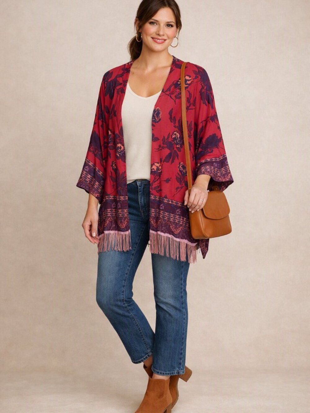 Vibrant Boho Kimono with Pink Fringe at Hemline One Size fits most